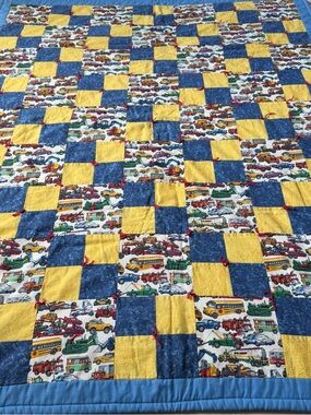 Handmade Kids Vehicle Patchwork Quilt - Yellow & Blue